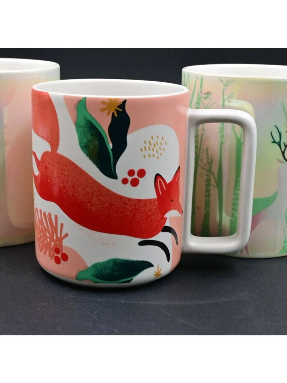 Starbucks Mug Set Holiday Red Fox & Iridescent Green Woodland Forest Coffee